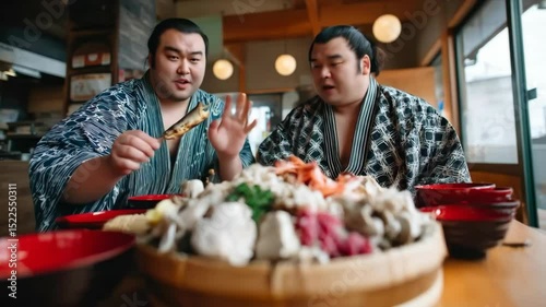 Sumo wrestlers in yukata chatting over a large seafood meal