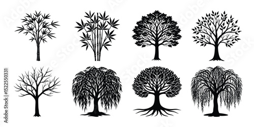set of trees silhouettes, et of silhouettes various trees on a white background