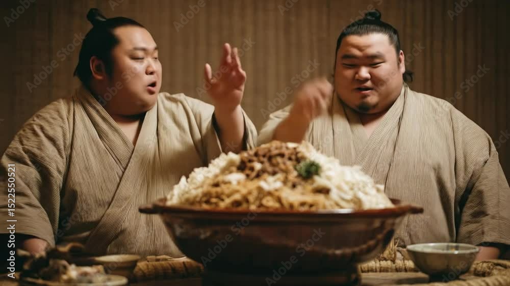 Sumo wrestlers smiling and talking over a large bowl of udon