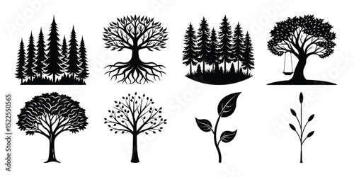 set of trees, silhouette tree line drawing set, Black palm tree set vector illustration on white background silhouette