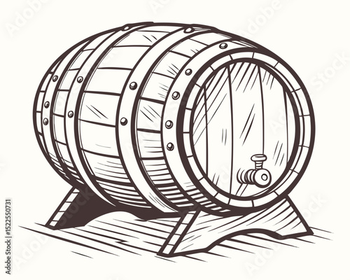 Wooden barrel on a light background. Vector illustration in sketch style.