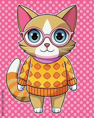 cute cartoon cat with glasses and sweater vector illustration