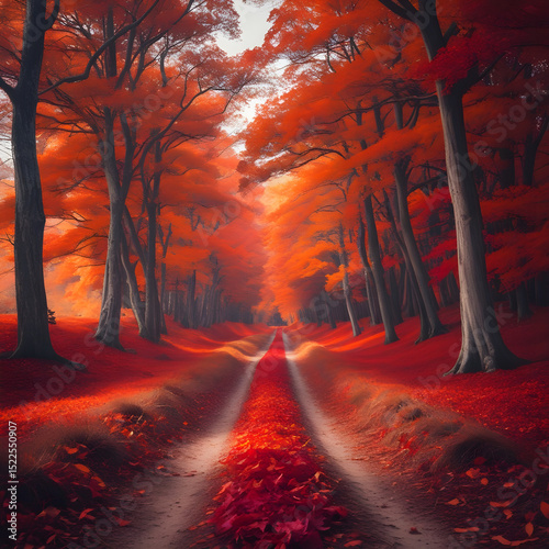 A narrow dirt path covered in orange and red fallen leaves, lined with colorful trees on both sides, realistic detail on white background.