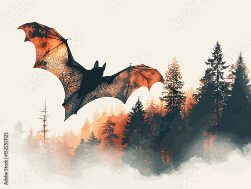 a flying bat in double exposure of pine forest
