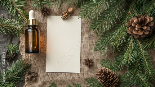 Pine essential oil in a glass bottle Branches of coniferous trees, Generative AI,