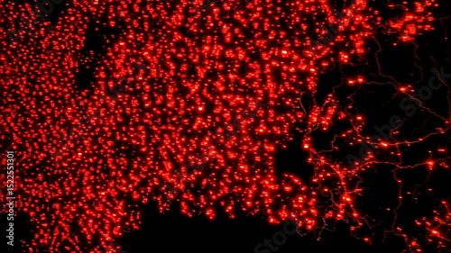 Bright Abstract Network of Red Lights on Dark Background Representing City