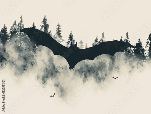 a flying bat in double exposure of pine forest