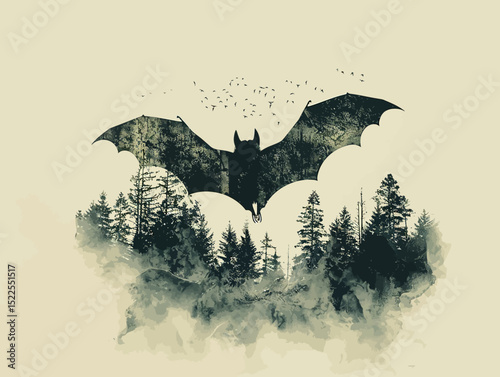 a flying bat in double exposure of pine forest