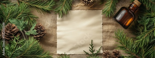 Pine essential oil in a glass bottle Branches of coniferous trees, Generative AI,