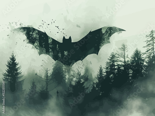 a flying bat in double exposure of pine forest