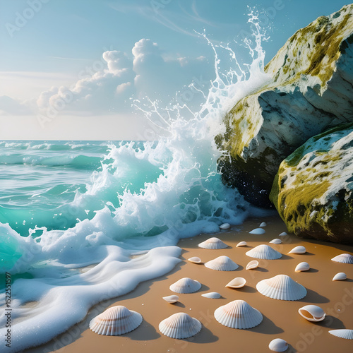  Coastal scene with foamy waves hitting rugged rocks, scattered shells on wet sand, and cloudy sky above, realistic detail on white background.