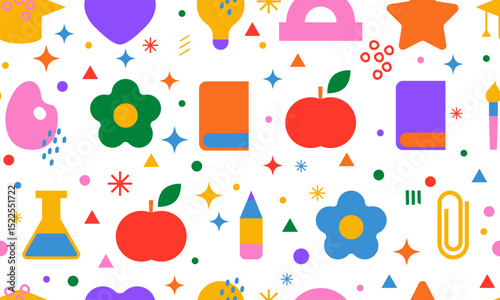 Seamless pattern with School elements. Vector flat illustration. Back to school. Background with different school supplies. First day of school
