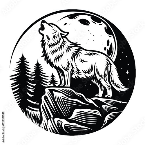 Wolf in front of the moon. Vector illustration in black and white colors.