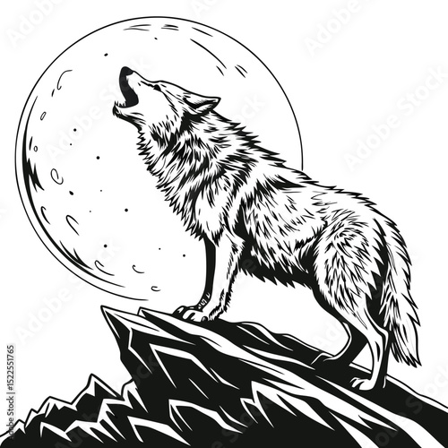 Black and White Illustration of a Wolf on a Rock with Moon