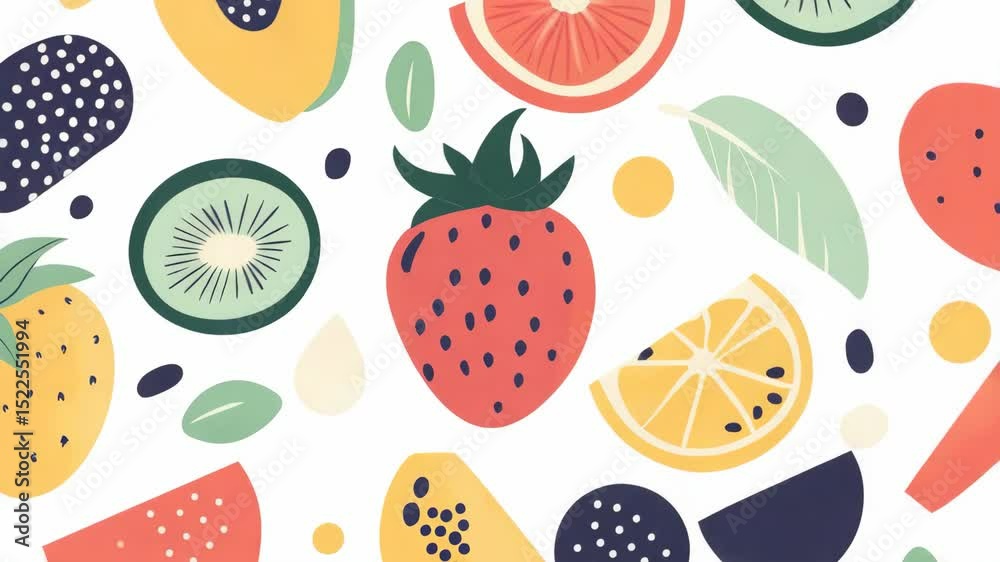 Colorful fruit pattern with strawberries, melon, oranges, blueberries, peach, apple, and other fruit s.