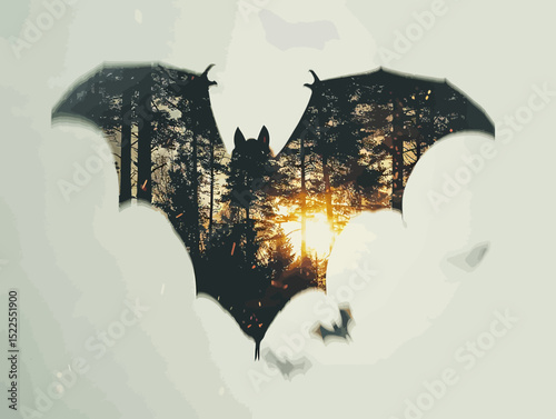 a flying bat in double exposure of pine forest