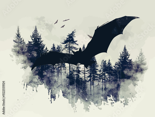 a flying bat in double exposure of pine forest