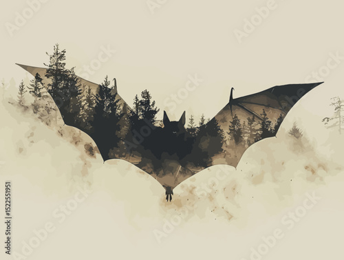 a flying bat in double exposure of pine forest