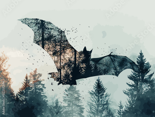 a flying bat in double exposure of pine forest