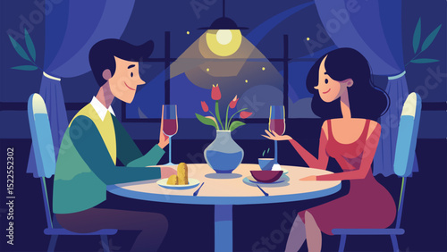 Couple at Romantic Dinner with Wine, Flowers, and Night View Illustration