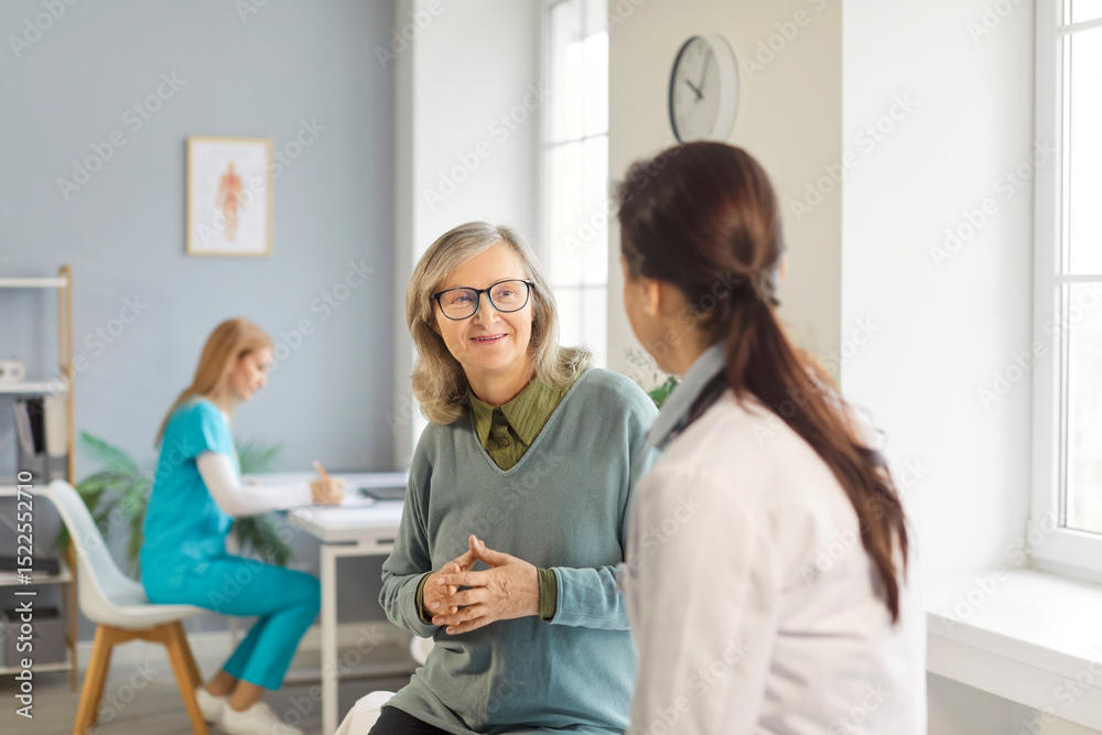 Fototapeta premium Senior woman talk consultation, nursing care, health of elderly people, doctor explaining, geriatric nurse helping checking healthcare, hospital professional controlling patient, listening, explaining