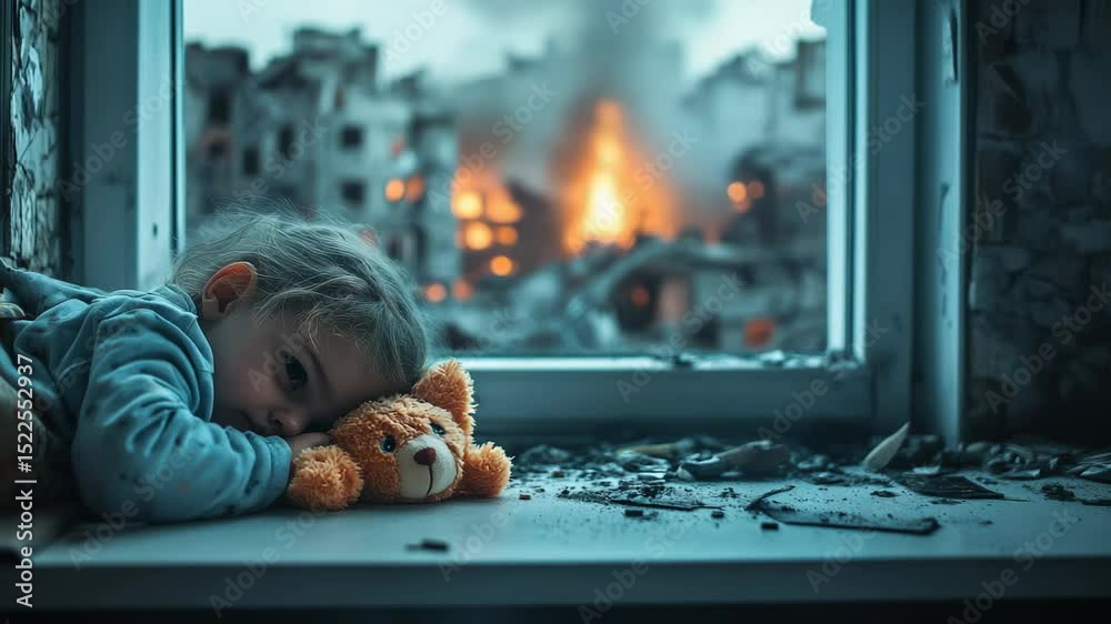 Traumatized young refugee sitting motionless near broken window, clutching worn teddy bear while witnessing smoldering urban devastation in haunting post apocalyptic landscape