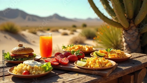 A delicious and refreshing desert lunch spread laid out on a rustic wooden table under the shade of a desert plant Perfect for a hot day's adventure , sunglasses, vegetables, cooler