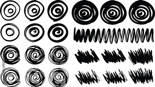 A collection of black and white doodle elements including spirals zigzags and scribbled shapes