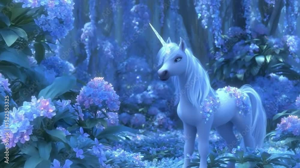 Enchanting unicorn stands amidst a magical forest filled with blue flowers in a fantasy scene