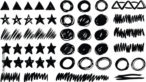 A collection of hand drawn black shapes including triangles stars circles and scribble lines on white