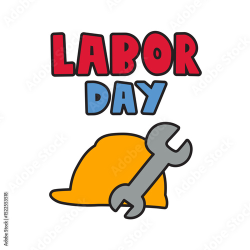 Labor Day. Safety yellow helmet and wrench. Flat vector illustration on white background.