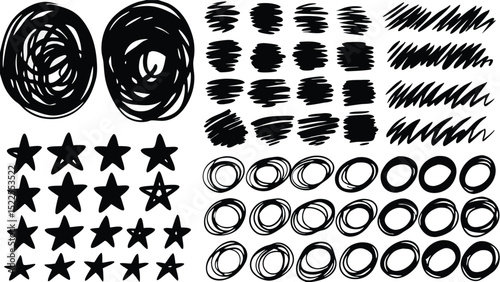A collection of hand drawn black shapes including circles stars lines and scribbles on a white background
