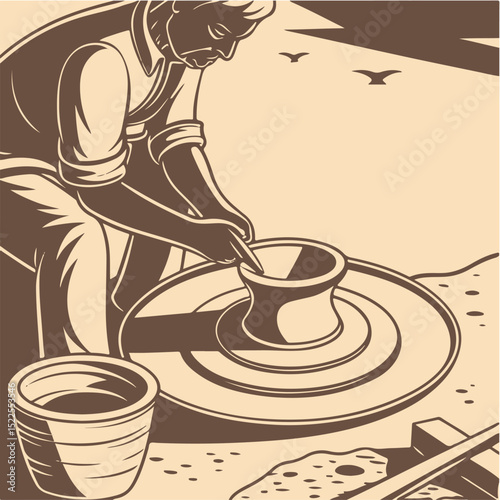 Traditional Pottery Making Illustration – Vintage Style Artisan Craftsmanship and Clay Art