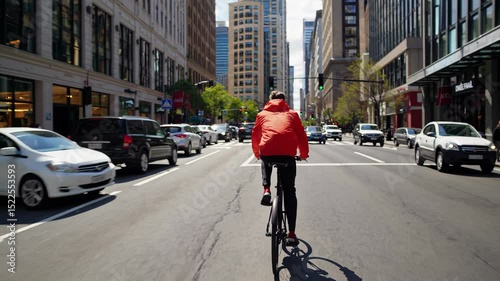 Wallpaper Mural Professional cyclist wearing bright orange jacket navigating busy downtown Chicago streets, pedaling through urban landscape during sunny daytime Torontodigital.ca