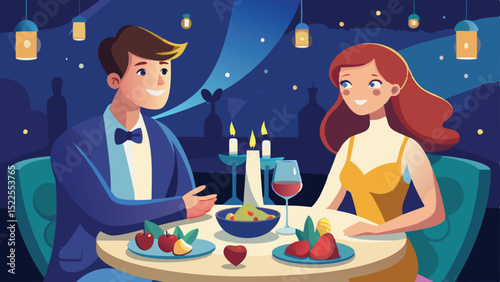 Elegant Couple Enjoying Romantic Dinner by Candlelight with Wine and Fruit Illustration