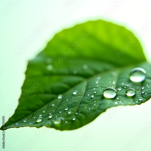 A close-up view of green leaf with crystal-clear raindrops resting on the surface, detailed texture and veins visible, realistic detail on white background.