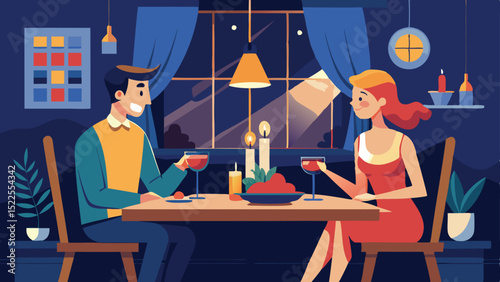 Couple Enjoying Romantic Dinner with Wine and Candlelight, Flat Illustration Art Style