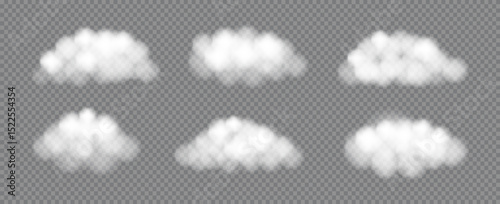 Realistic 3d fluffy Clouds set. White sky element for cloudy weather. Overlay soft product backing or element for banners, posters, discounts. Smoky effect background.