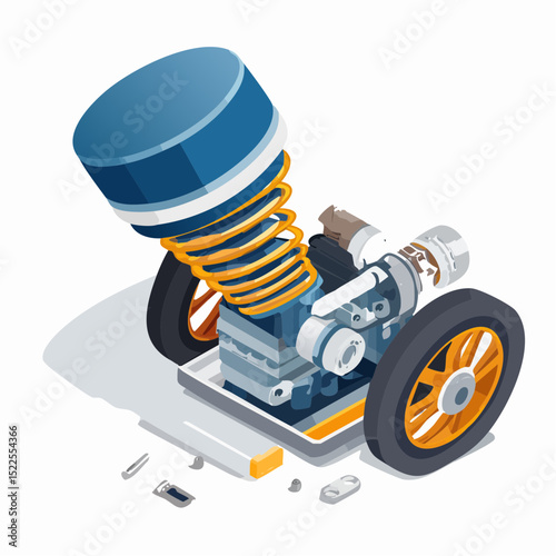 Isometric Illustration of a Detailed Engine Mechanism with Spring and Wheels