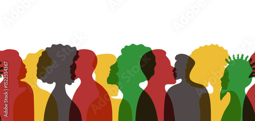 Black skin people Silhouettes on seamless border with copy space. Profiles of women and men for Racial equality and justice - Identity concept. Discrimination. Racism. Juneteenth, Black History month.