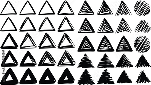 A repeating pattern of hand drawn black triangles and circles on a white background in rows and columns