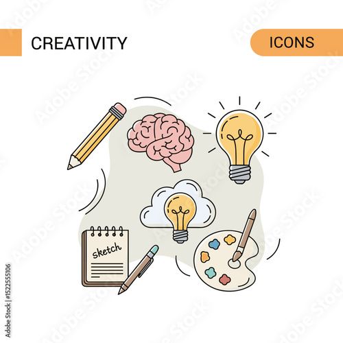 Creative Idea Icons: A visually engaging graphic set, featuring iconic symbols representing creativity and innovation, designed in a clean, modern style.