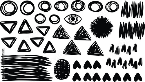 Assorted hand drawn shapes including circles triangles lines and an eye in a black and white design