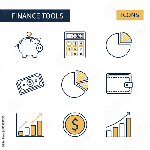 Finance Tools Icons: A collection of clean and modern icons representing various financial tools, perfect for illustrating concepts related to finance, budgeting, and investment.