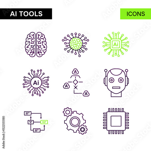 AI Tools Icon Set: A visually striking collection of AI-related icons, ideal for illustrating concepts like machine learning, artificial intelligence, and advanced digital processing.