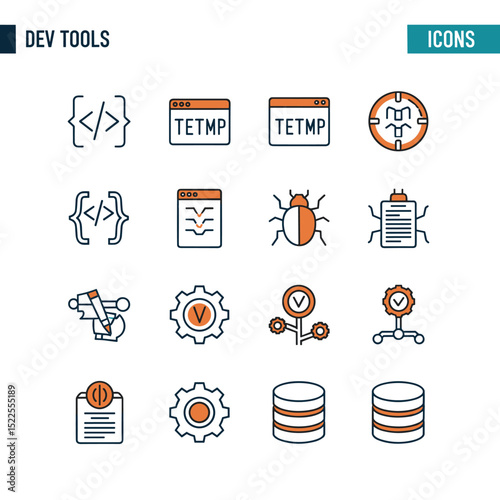 Icons for Development: A collection of meticulously crafted icons representing the essential tools of the digital developer's craft. Featuring code snippets, bug symbols, data management.