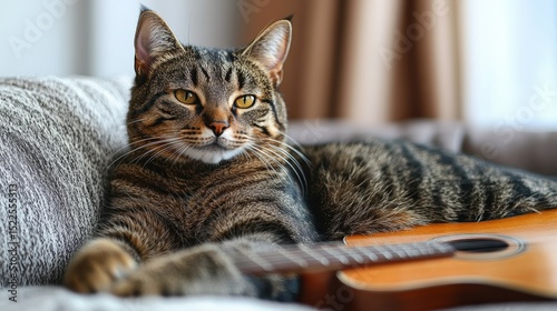 Relaxed Tabby Cat Resting on a Sofa near a Ukulele in Natural Ambient Light Home Environment