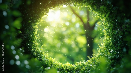 Tranquil circle of vibrant green leaves and sunlight in forest with dreamy lens flares and soft focus