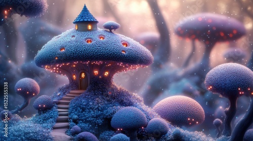 Enchanting Mushroom House in a Whimsical Forest Magical Setting with Fairy Lights and Dreamy Ambiance