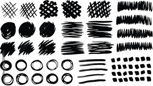 Collection of hand drawn black ink strokes and shapes on a white background for artistic design